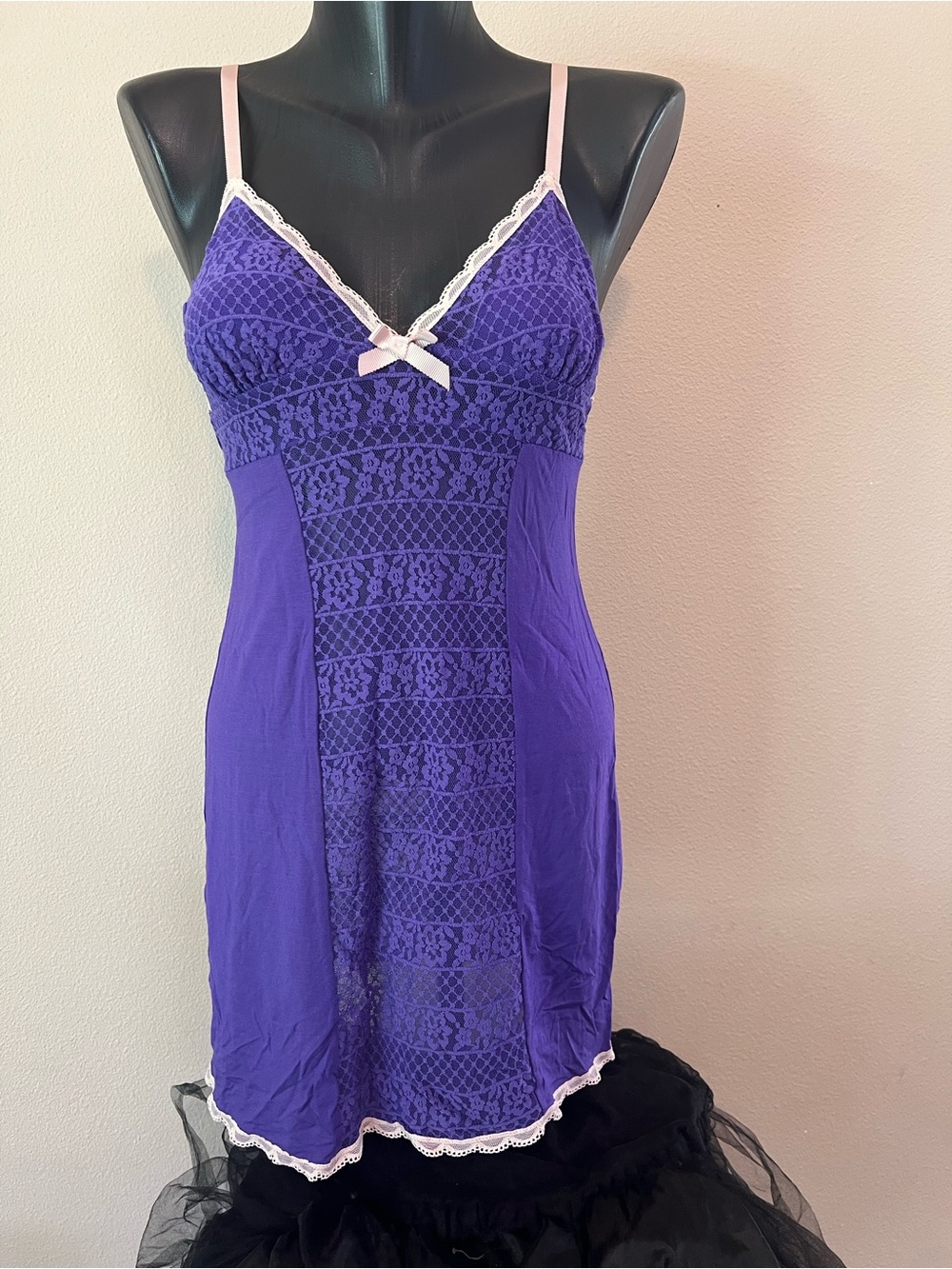 Victorias Secret Purple Lace-Panel Chemise Nightdress with Pink Trim